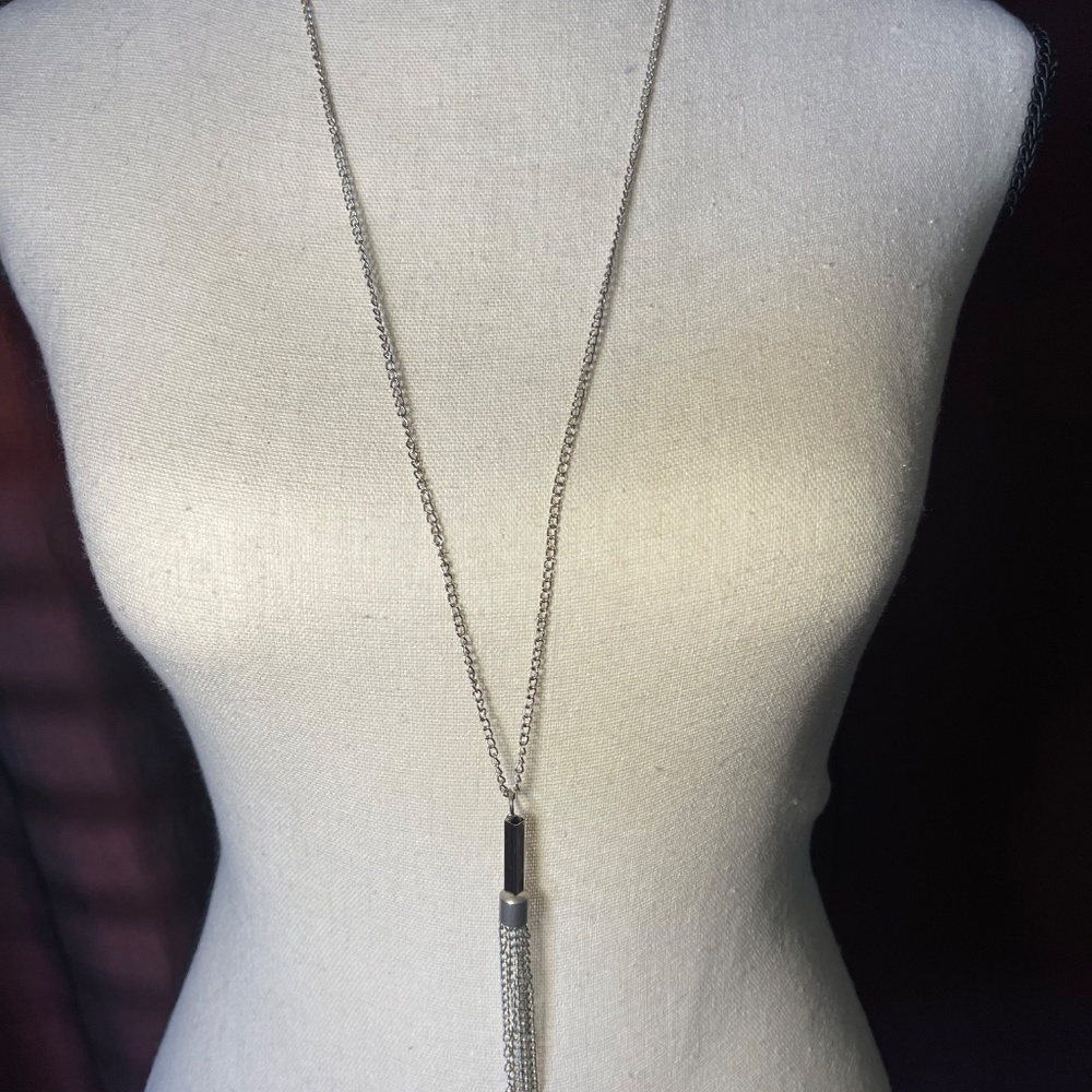 Long Silver Chain Necklace With Chain Tassel